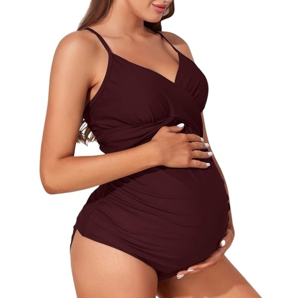 Solid Wine Color Retro Maternity 2pc Tankini Swimsuit Large NWT Spaghetti Straps - Picture 1 of 11